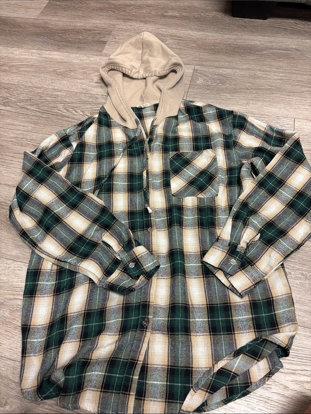 LA MIEL Green, Cream & White Plaid Hooded oversized flannel